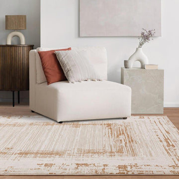 Anders AN05 Modern Abstract Linear Border Distressed Space-Dyed Shimmer Soft Raised Textured Low Profile Short Pile Polyblend Ivory/Golden Beige/Brown Rug-Asiatic Carpets-Rug Love - The Most Loved Rug Store